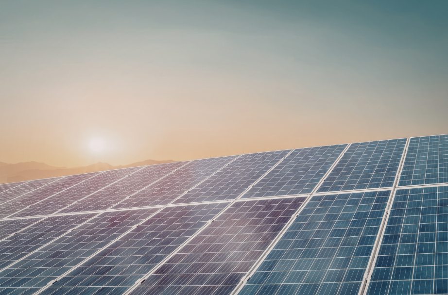 Solar panel array at sunrise